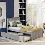 FAMYYT Twin Size Platform Bed With Space-saving Trundle, Easy Assembly, Gray