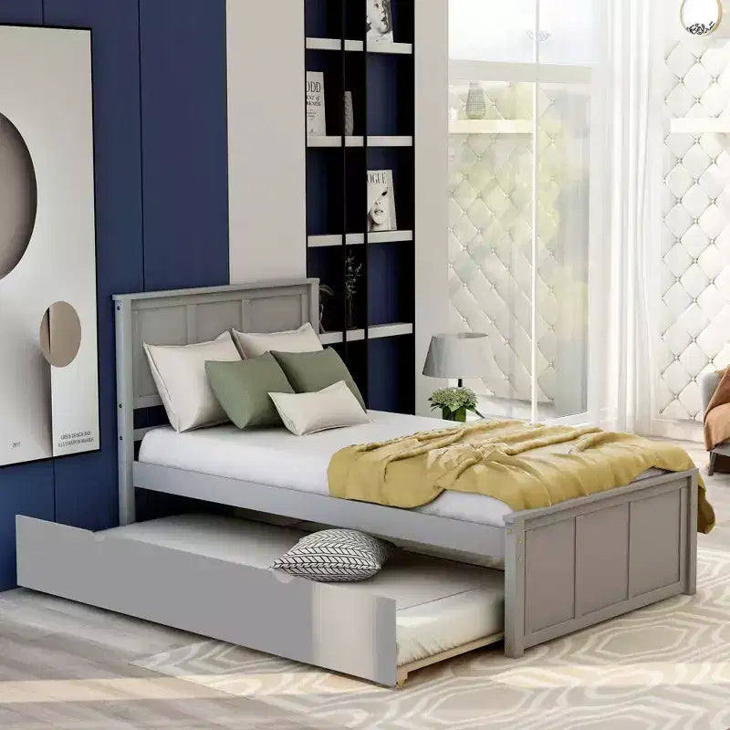 FAMYYT Twin Size Platform Bed With Space-saving Trundle, Easy Assembly, Gray