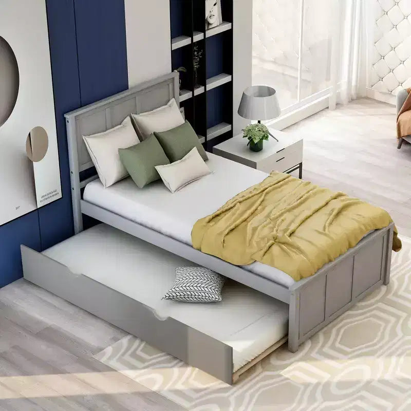 Lit plateforme jumeau avec lit gigogne peu encombrant, assemblage facile, gris