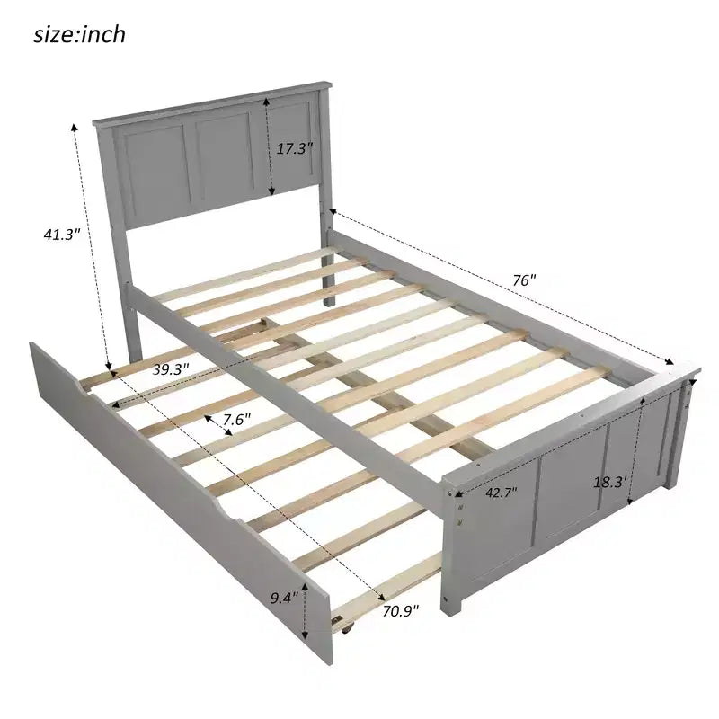 Lit plateforme jumeau avec lit gigogne peu encombrant, assemblage facile, gris