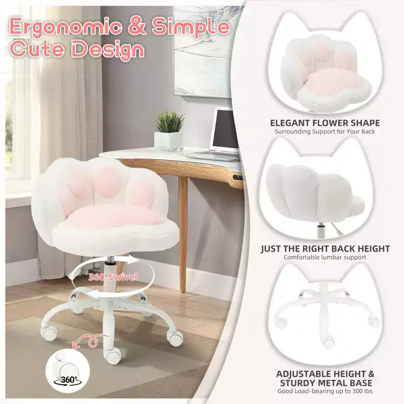 Chaise de vanité en polaire Teddy avec dossier en patte de chat, pivotante à 360°, hauteur réglable, supporte 136 kg, assemblage sans outils pour bureau à domicile, chambre à coucher