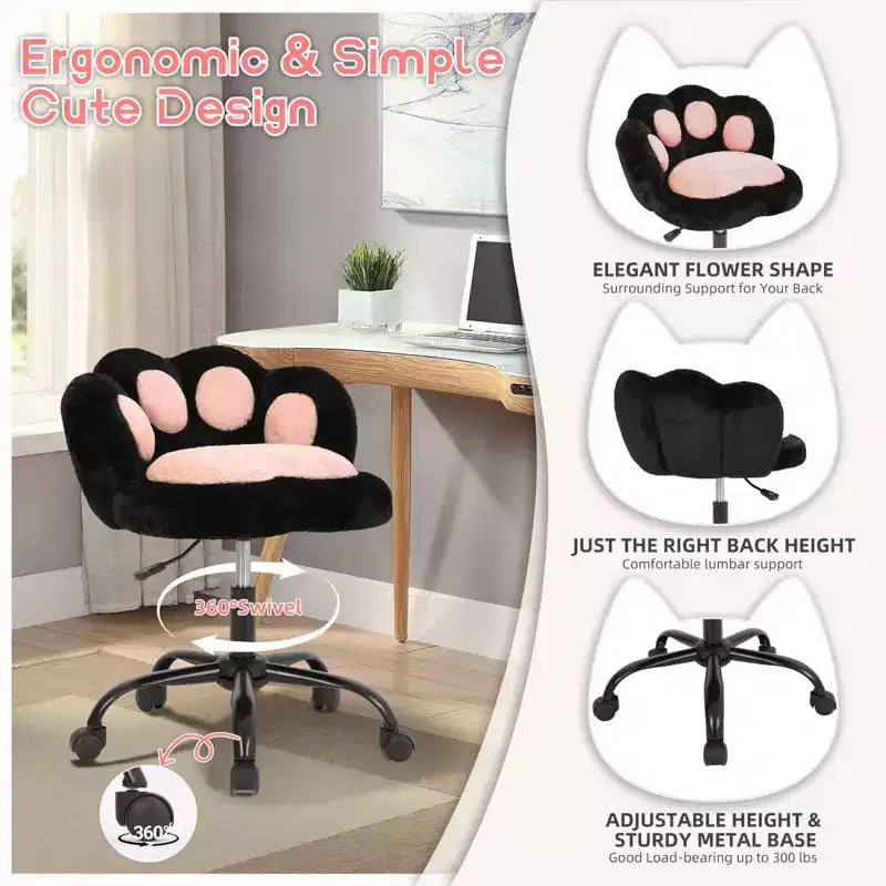 Chaise de vanité en polaire Teddy avec dossier en patte de chat, pivotante à 360°, hauteur réglable, supporte 136 kg, assemblage sans outils pour bureau à domicile, chambre à coucher