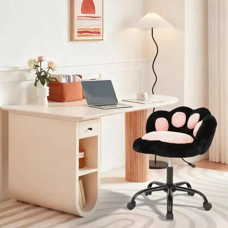Teddy Fleece Vanity Chair Cat Paw Backrest 360 Swivel Height Adjustable 300LBS Support Tool-Free Assembly for Home Office Bedroom