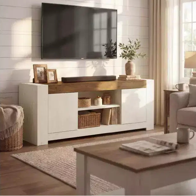 VASAGLE TV Stand, Farmhouse Entertainment Center with Storage Cabinets, Media Console Table for 65 Inch TV, Rustic White and Honey Brown