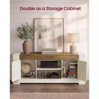 Meuble TV, Centre de divertissement de style ferme avec armoires de rangement, Table console multimédia pour TV 65 pouces, Blanc rustique et Brun miel