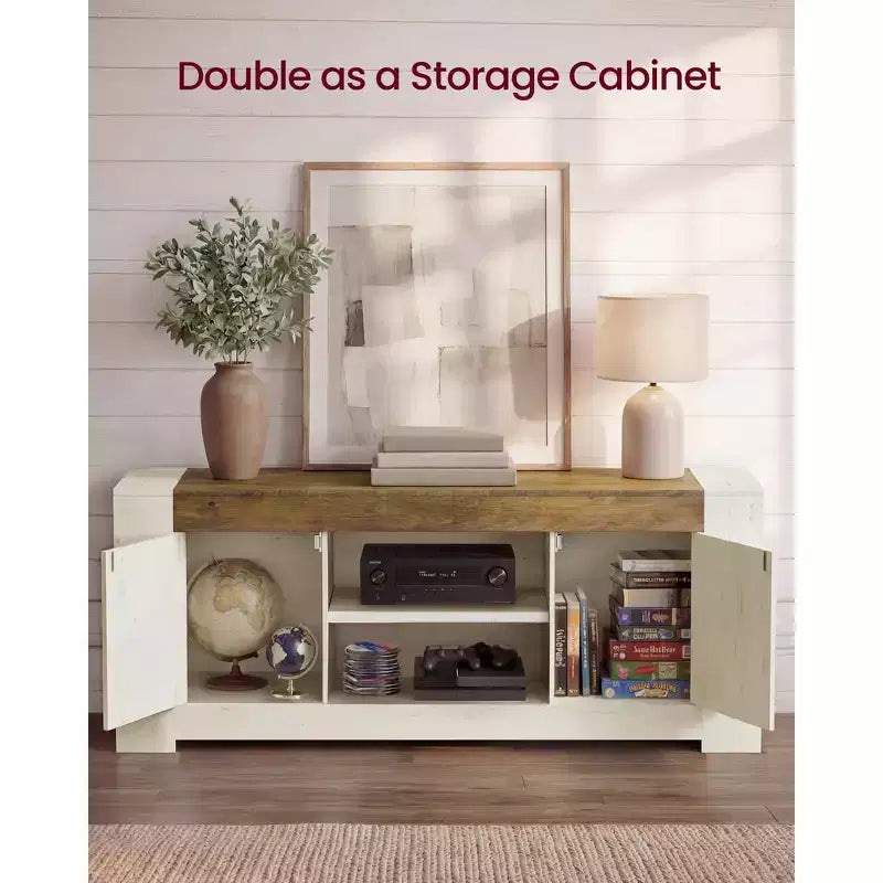 Meuble TV, Centre de divertissement de style ferme avec armoires de rangement, Table console multimédia pour TV 65 pouces, Blanc rustique et Brun miel