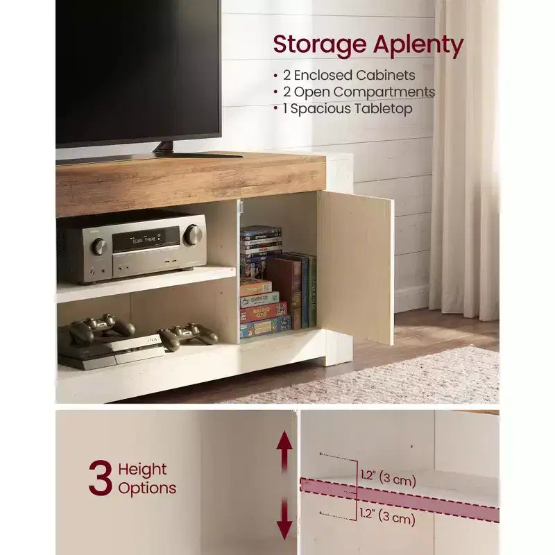 Meuble TV, Centre de divertissement de style ferme avec armoires de rangement, Table console multimédia pour TV 65 pouces, Blanc rustique et Brun miel