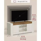 Meuble TV, Centre de divertissement de style ferme avec armoires de rangement, Table console multimédia pour TV 65 pouces, Blanc rustique et Brun miel