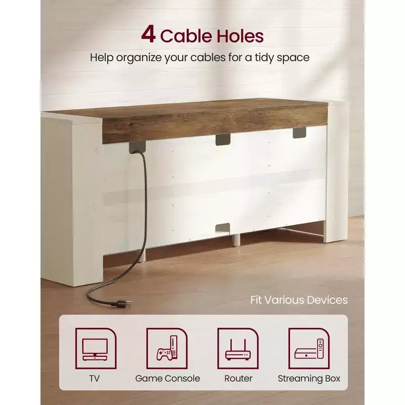 Meuble TV, Centre de divertissement de style ferme avec armoires de rangement, Table console multimédia pour TV 65 pouces, Blanc rustique et Brun miel