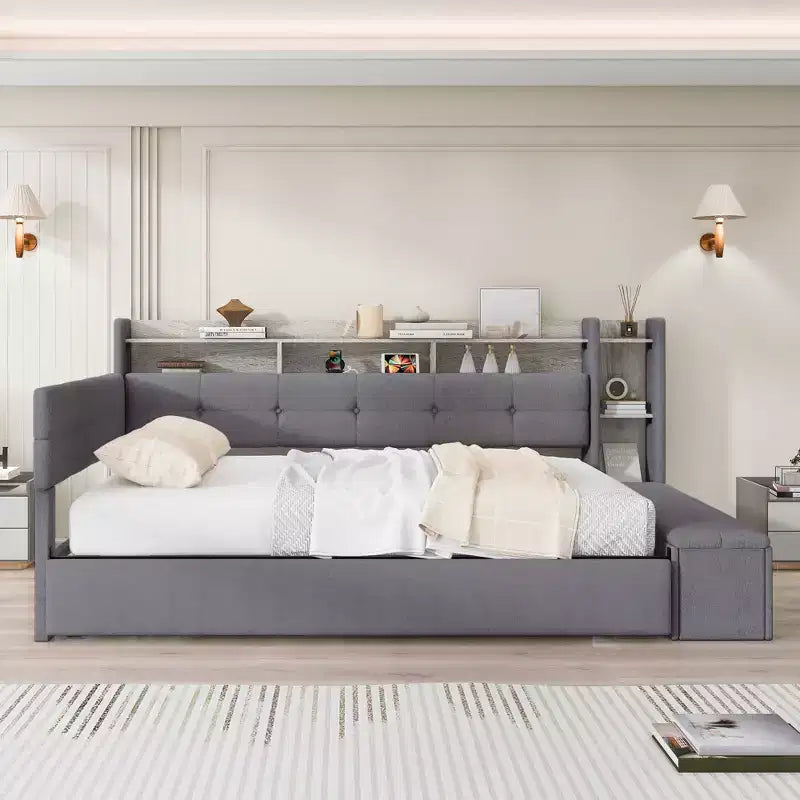Lit de repos rembourré avec pouf de rangement et étagères, gigogne