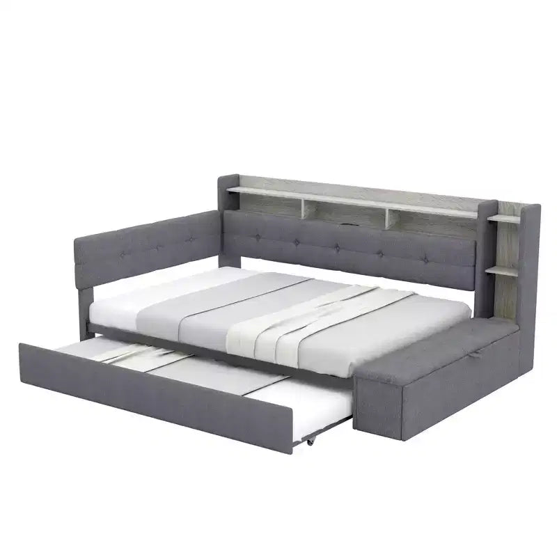 Lit de repos rembourré avec pouf de rangement et étagères, gigogne