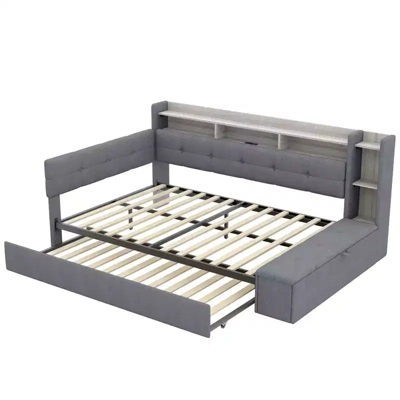 Lit de repos rembourré avec pouf de rangement et étagères, gigogne