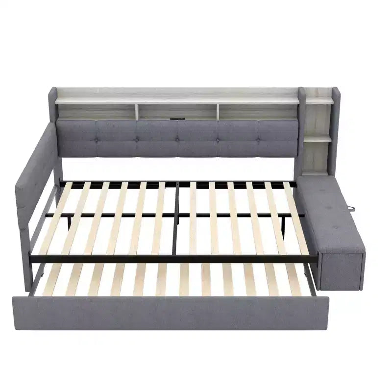 Lit de repos rembourré avec pouf de rangement et étagères, gigogne