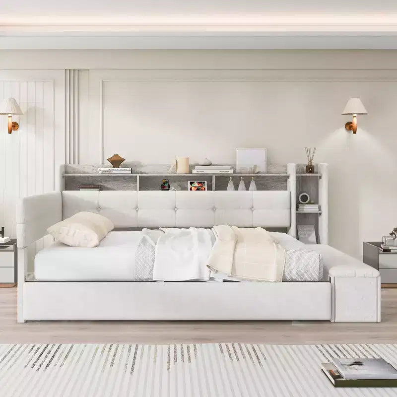Lit de repos rembourré avec pouf de rangement et étagères, gigogne