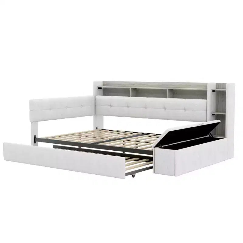 Lit de repos rembourré avec pouf de rangement et étagères, gigogne
