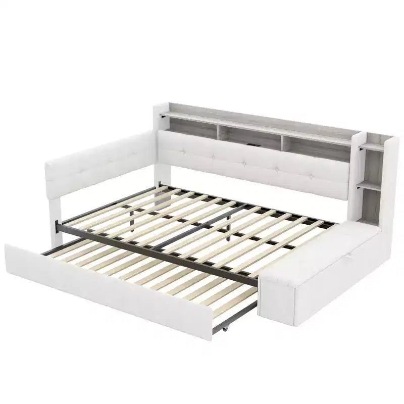 Lit de repos rembourré avec pouf de rangement et étagères, gigogne
