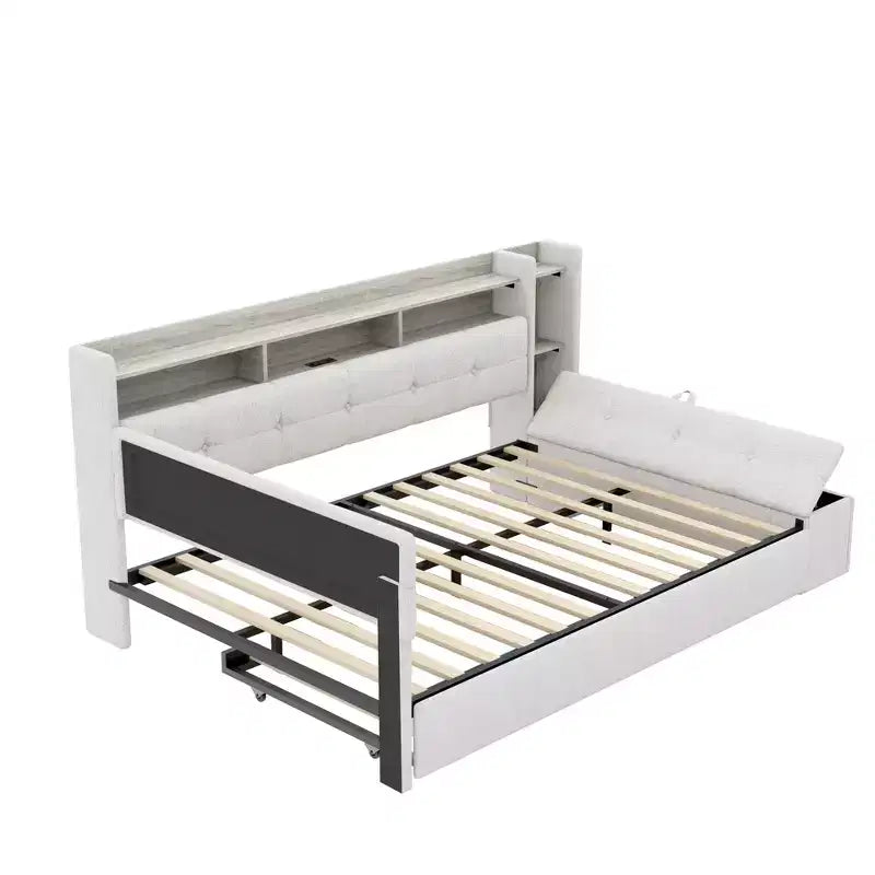 Lit de repos rembourré avec pouf de rangement et étagères, gigogne
