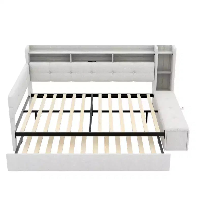 Lit de repos rembourré avec pouf de rangement et étagères, gigogne