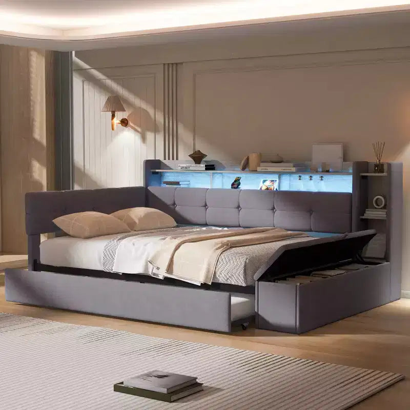 Lit de repos rembourré avec pouf de rangement et étagères, gigogne