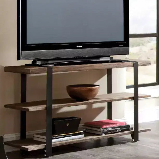 Meuble TV large : Console média rustique avec étagères fixes