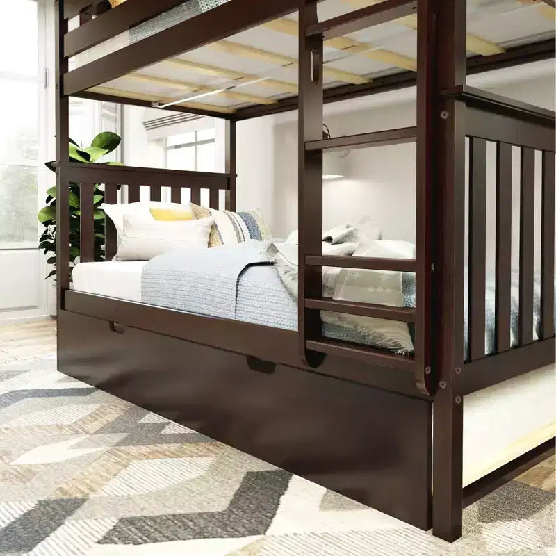 Lits superposés jumeaux en bois massif avec lit gigogne de rangement pour adultes/enfants