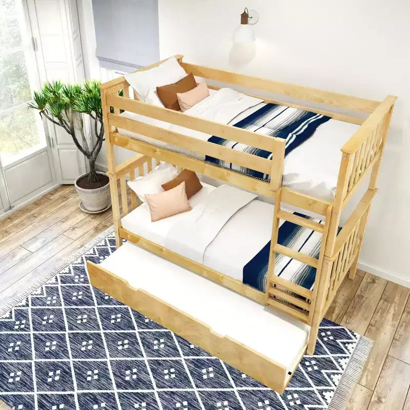 Lits superposés jumeaux en bois massif avec lit gigogne de rangement pour adultes/enfants