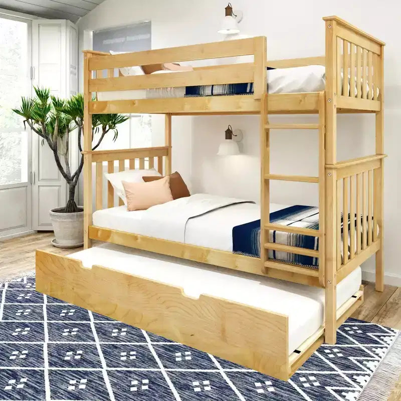 Lits superposés jumeaux en bois massif avec lit gigogne de rangement pour adultes/enfants