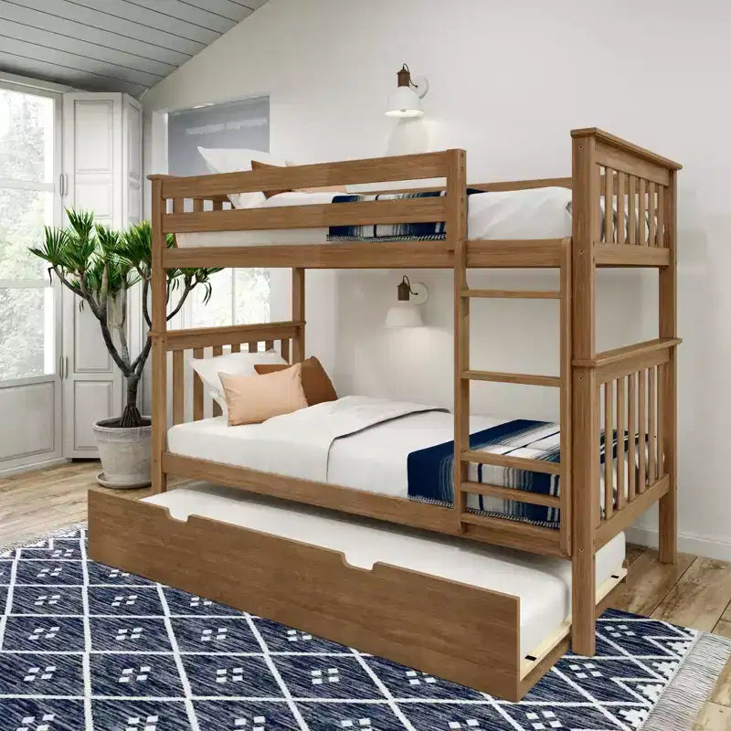 Lits superposés jumeaux en bois massif avec lit gigogne de rangement pour adultes/enfants