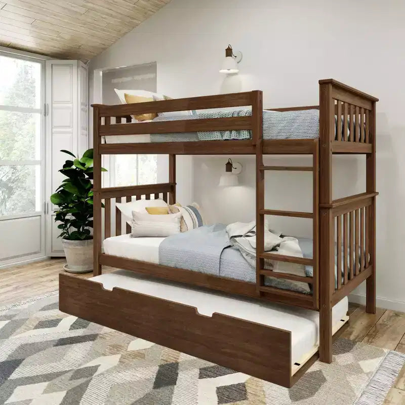 Lits superposés jumeaux en bois massif avec lit gigogne de rangement pour adultes/enfants